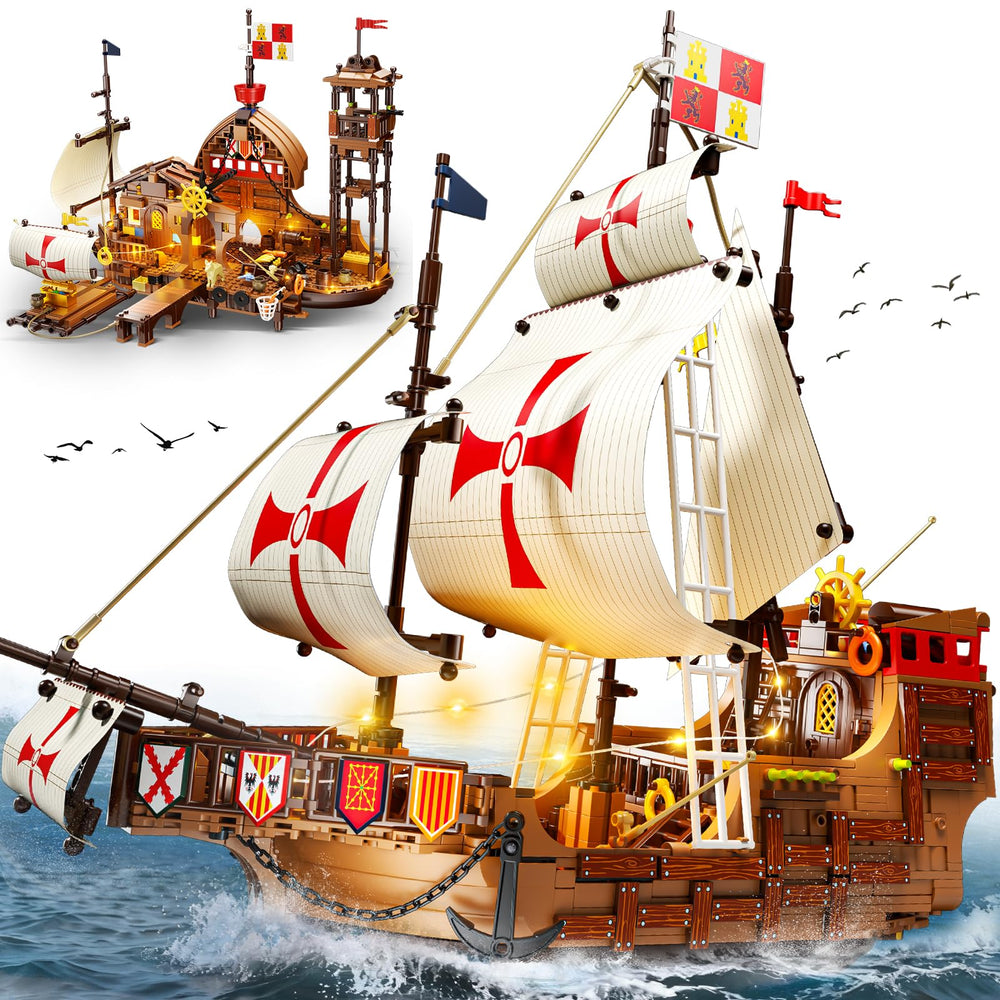 HiWEEGO Santa Maria ship-building-kit with LED lights for striking display and history-inspired learning.