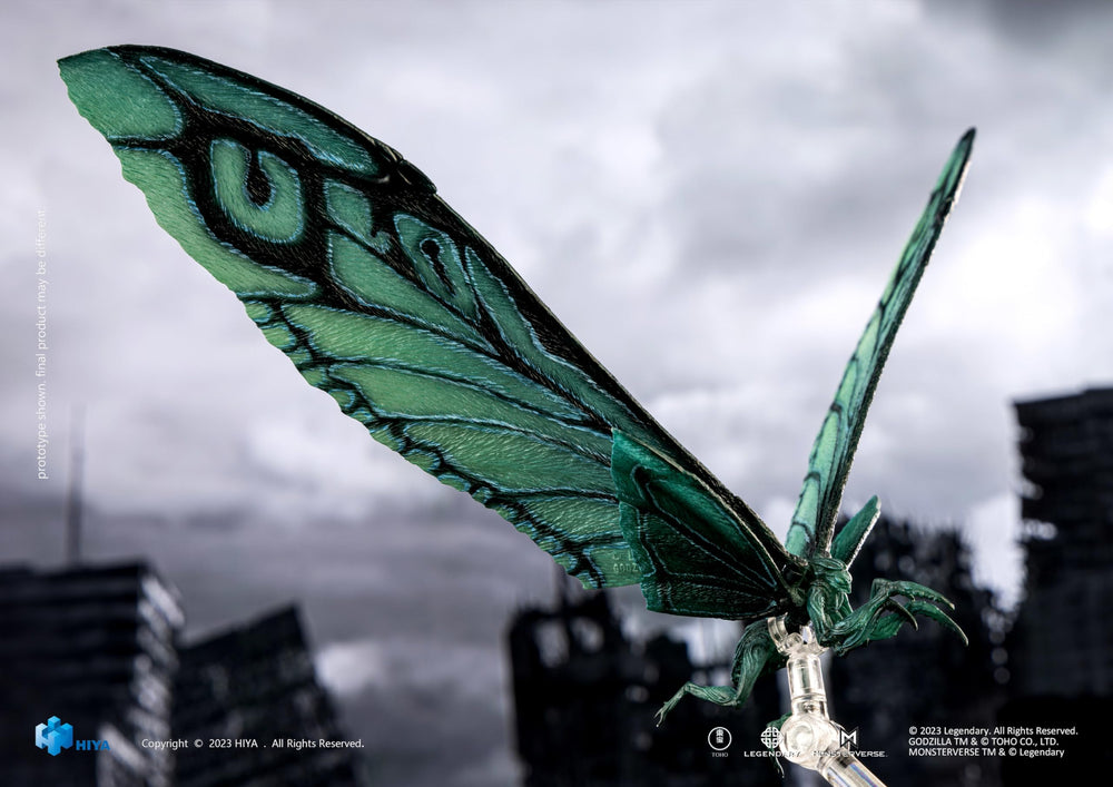 Hiya Toys Mothra Emerald Titan includes a flight stand for airborne displays.