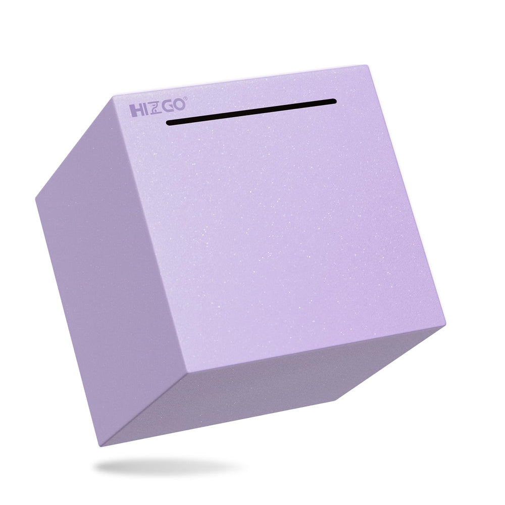 Hizgo Adults Purple Piggy Bank front view shows sturdy stainless steel for long-term savings