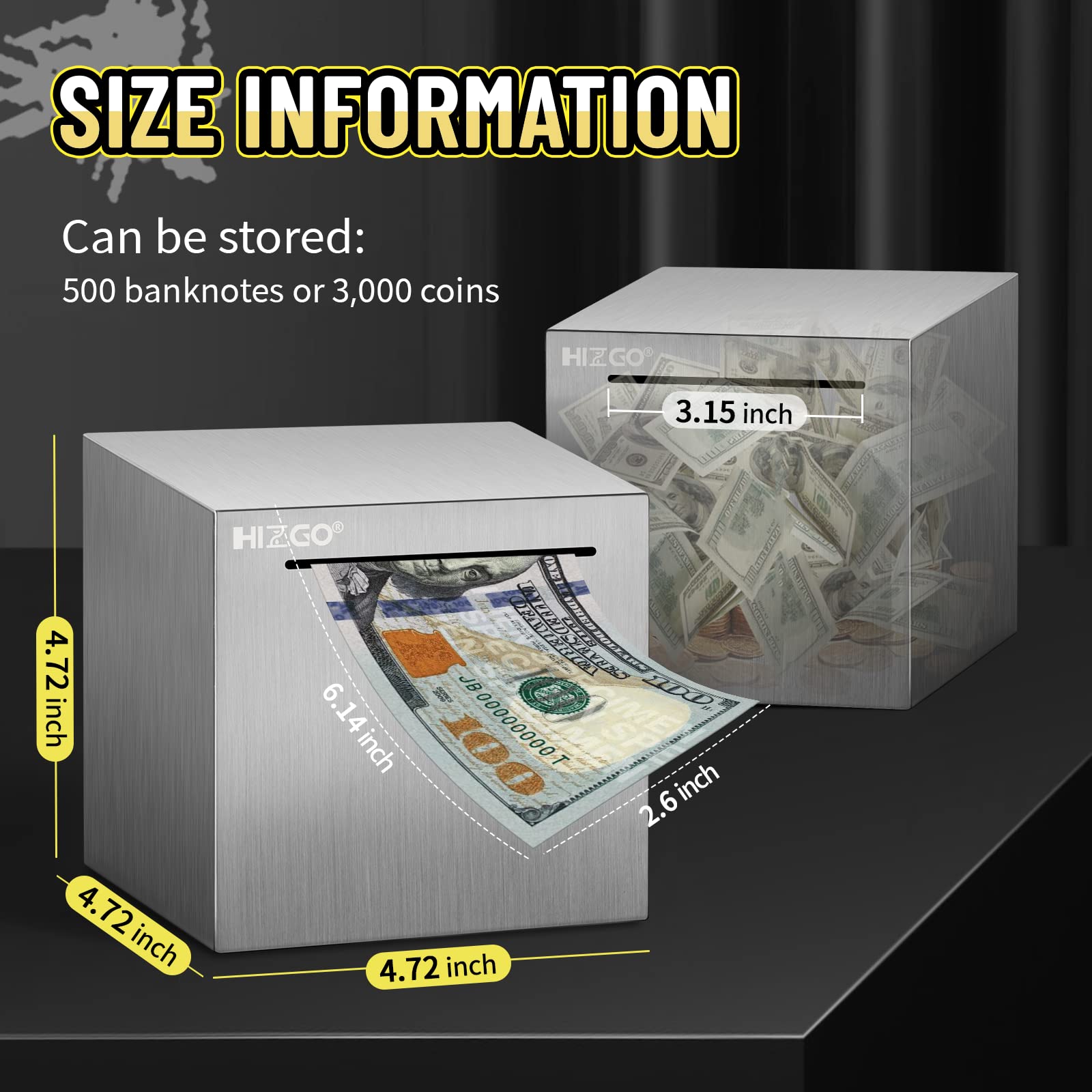 Hizgo compact cube piggy bank fits neatly on a shelf
