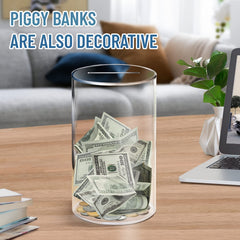 Hizgo clear piggy bank demonstrates 8in height and 5in diameter dimensions