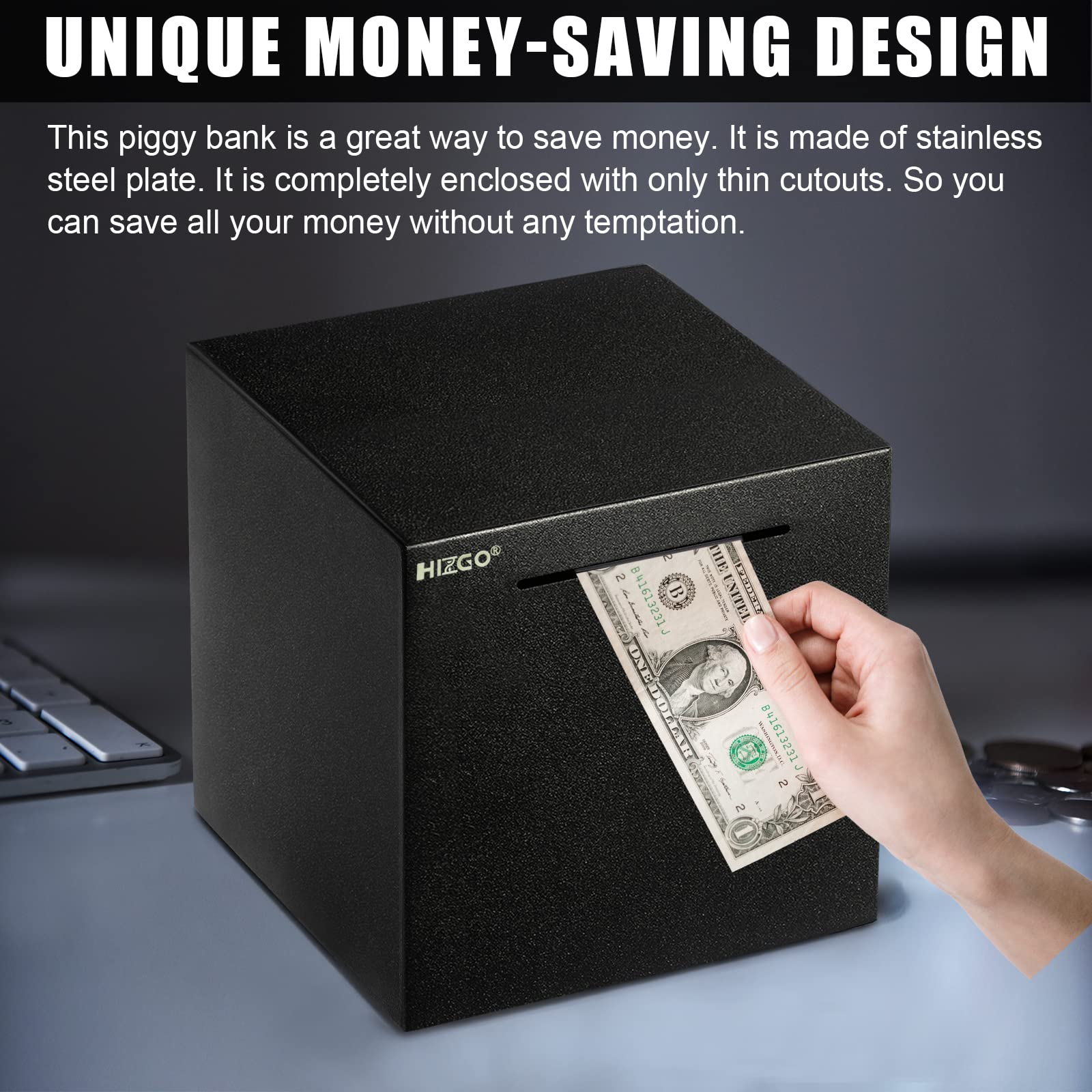 Hizgo piggy bank surface reflecting light on stylish home decor.