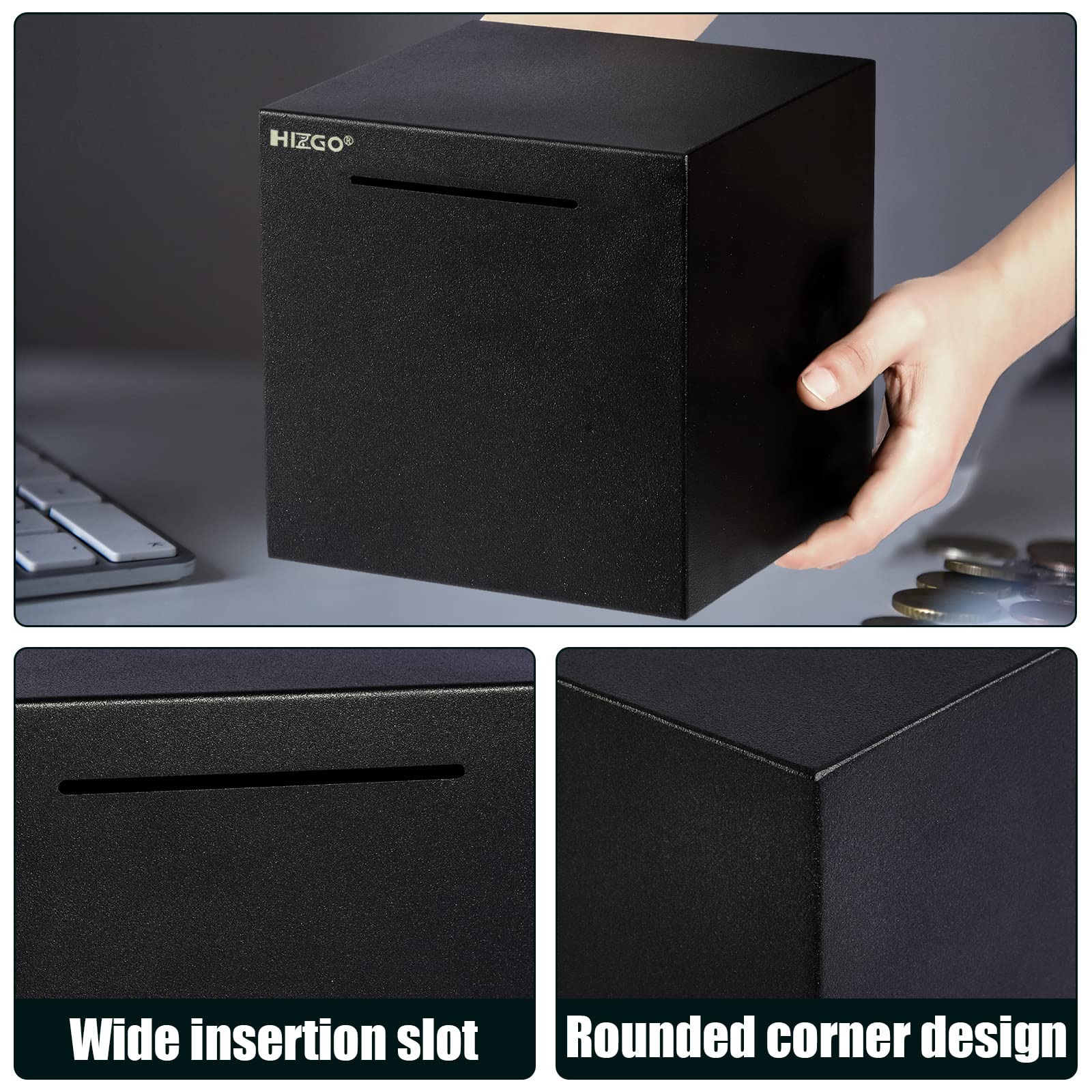 Hizgo metal-saving box six-sides closed with secure coin slot visible.