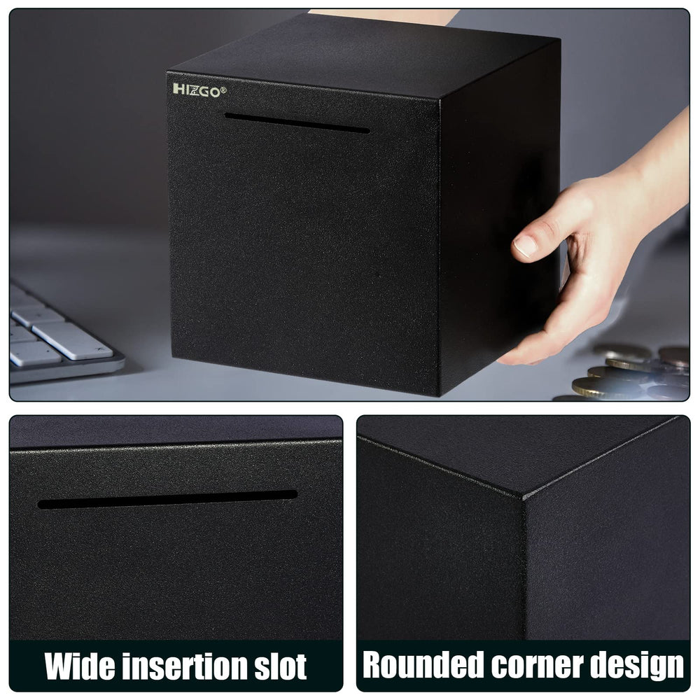Hizgo metal-saving box six-sides closed with secure coin slot visible.