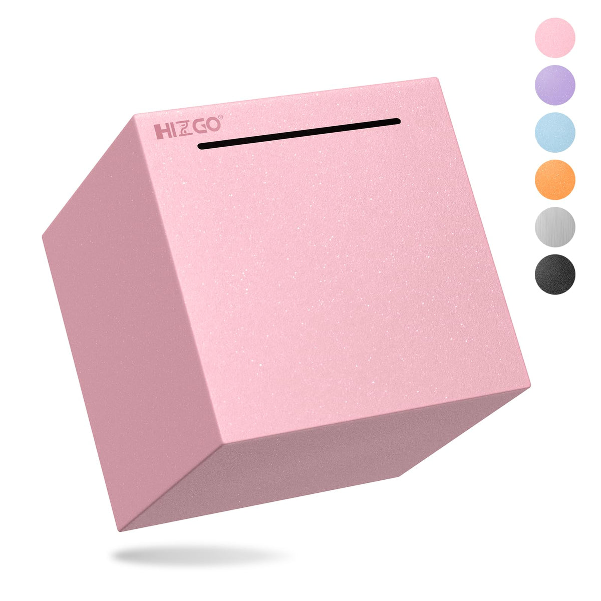 Hizgo pink piggy bank in frosted stainless steel exterior for secure savings.