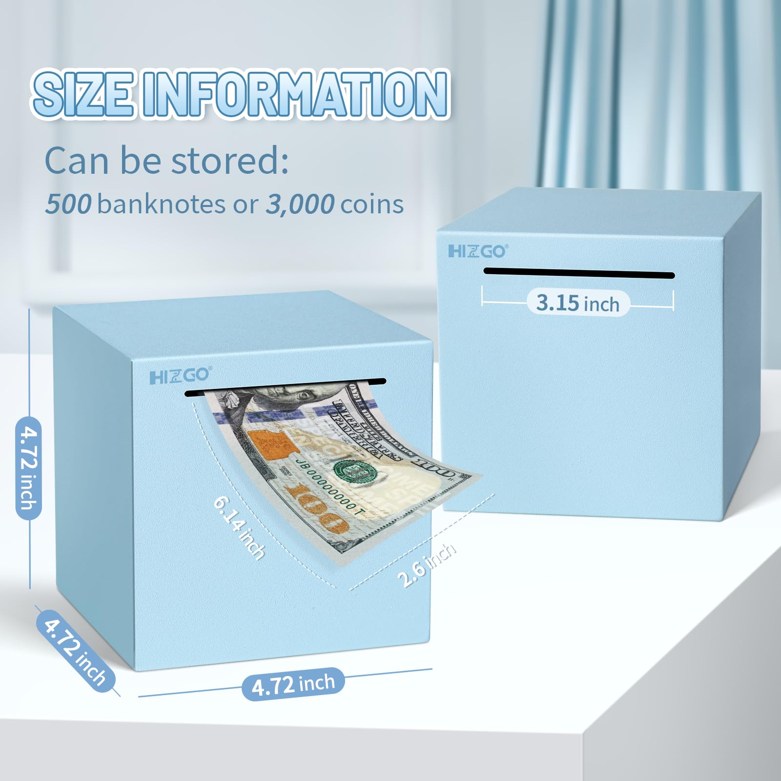 Hizgo stainless steel piggy bank side profile highlighting durability