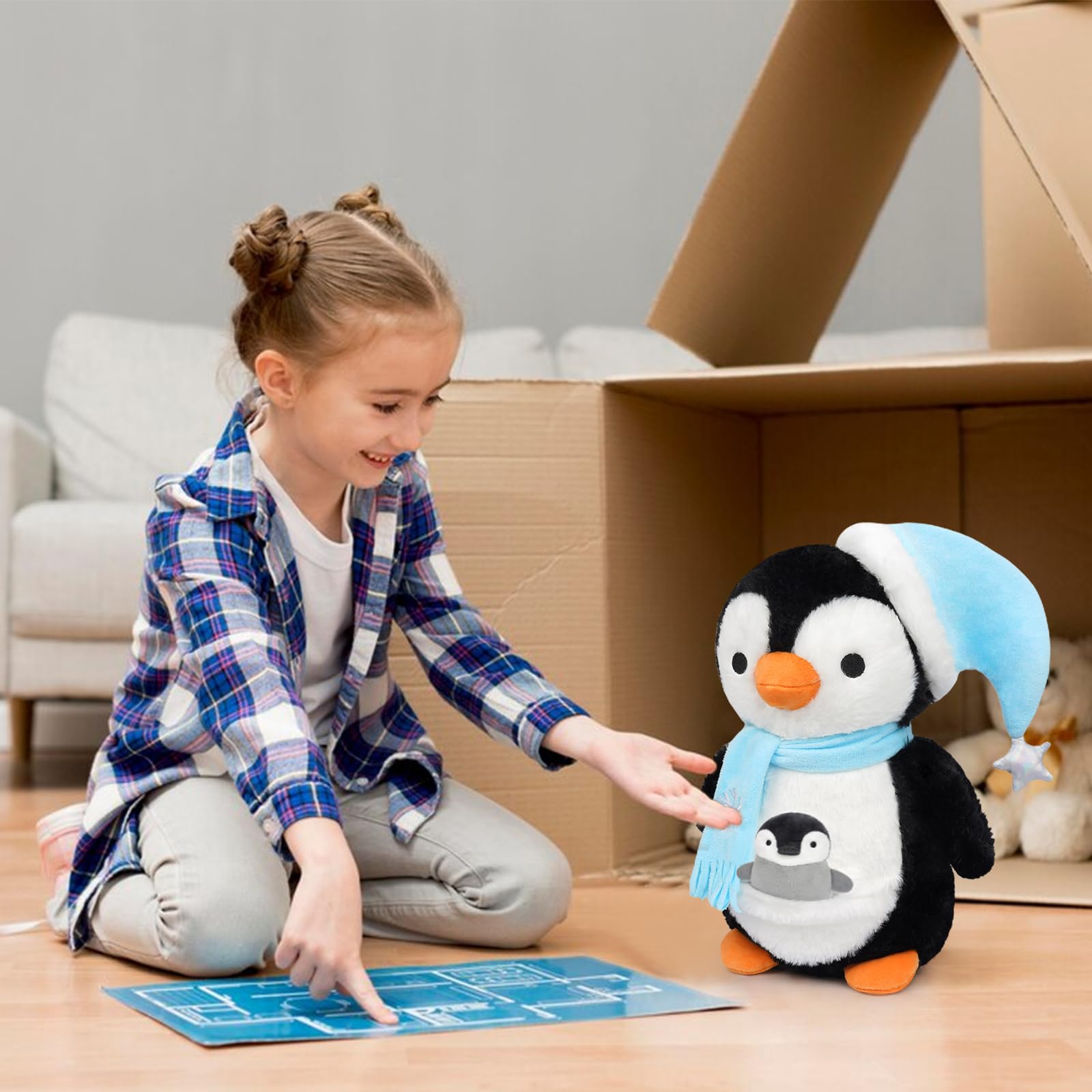 Hkojewp penguin plush on a shelf, ideal room decor and display.