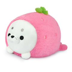 Hkojewp strawberry seal plush pillow resting on bed for cozy bedtime