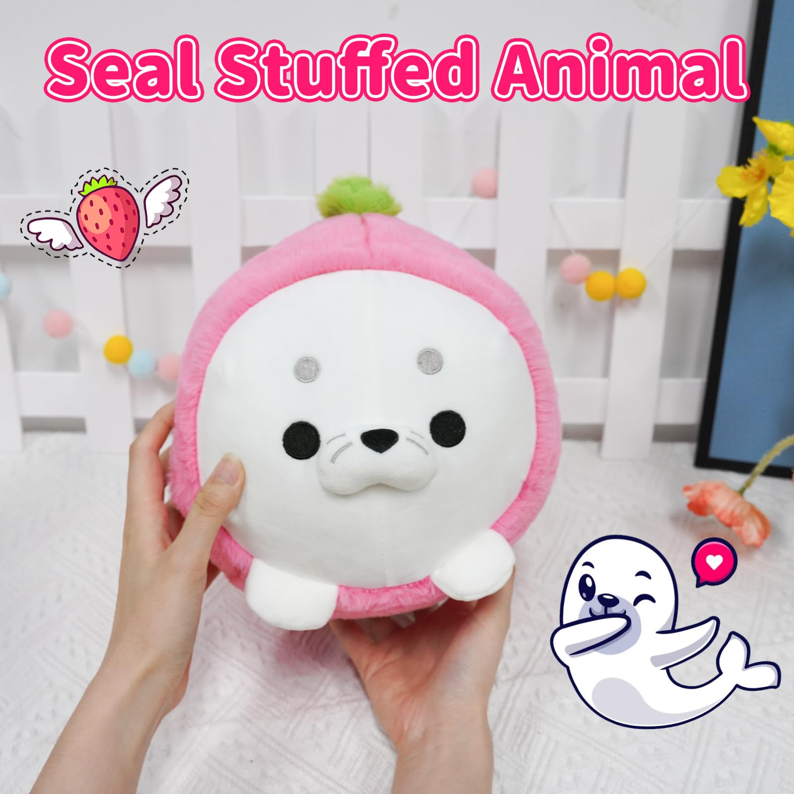 Hkojewp strawberry seal plush pillow in a cozy living space as decor