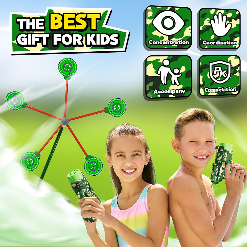 HLDYA outdoor carnival-style play with rotating target and blasters.