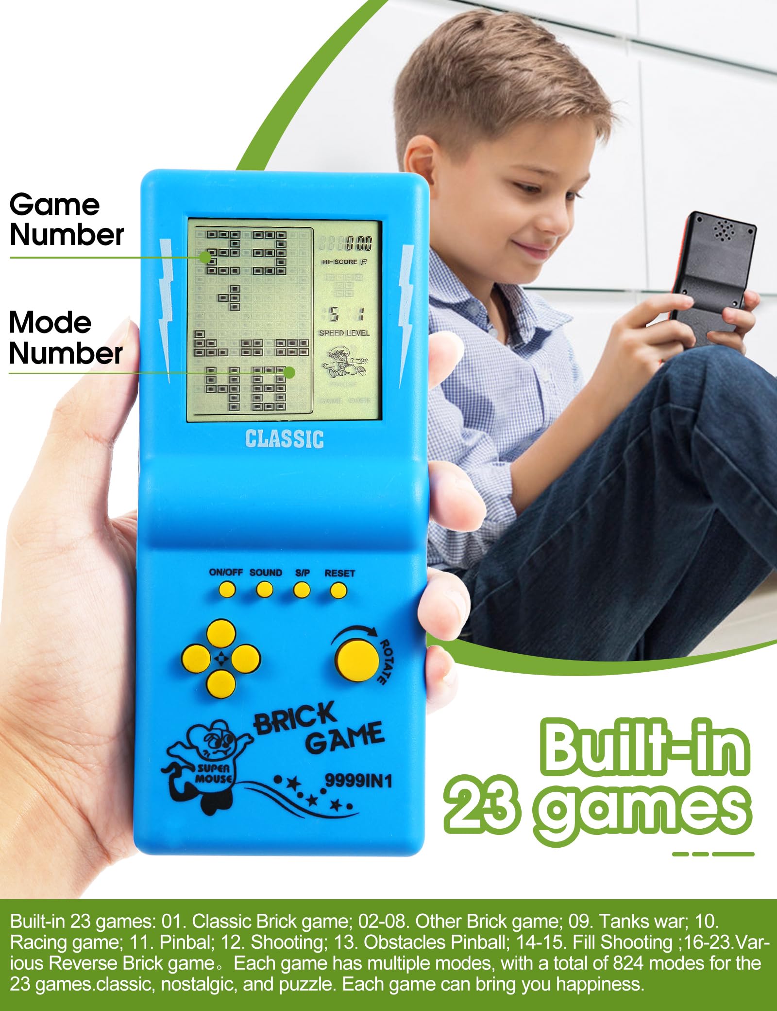 HLF brick game console with 23 built-in games for varied nostalgia
