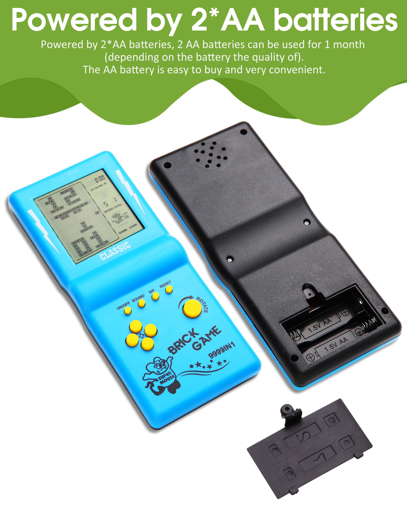 HLF brick game console powered by two AA batteries for portable play