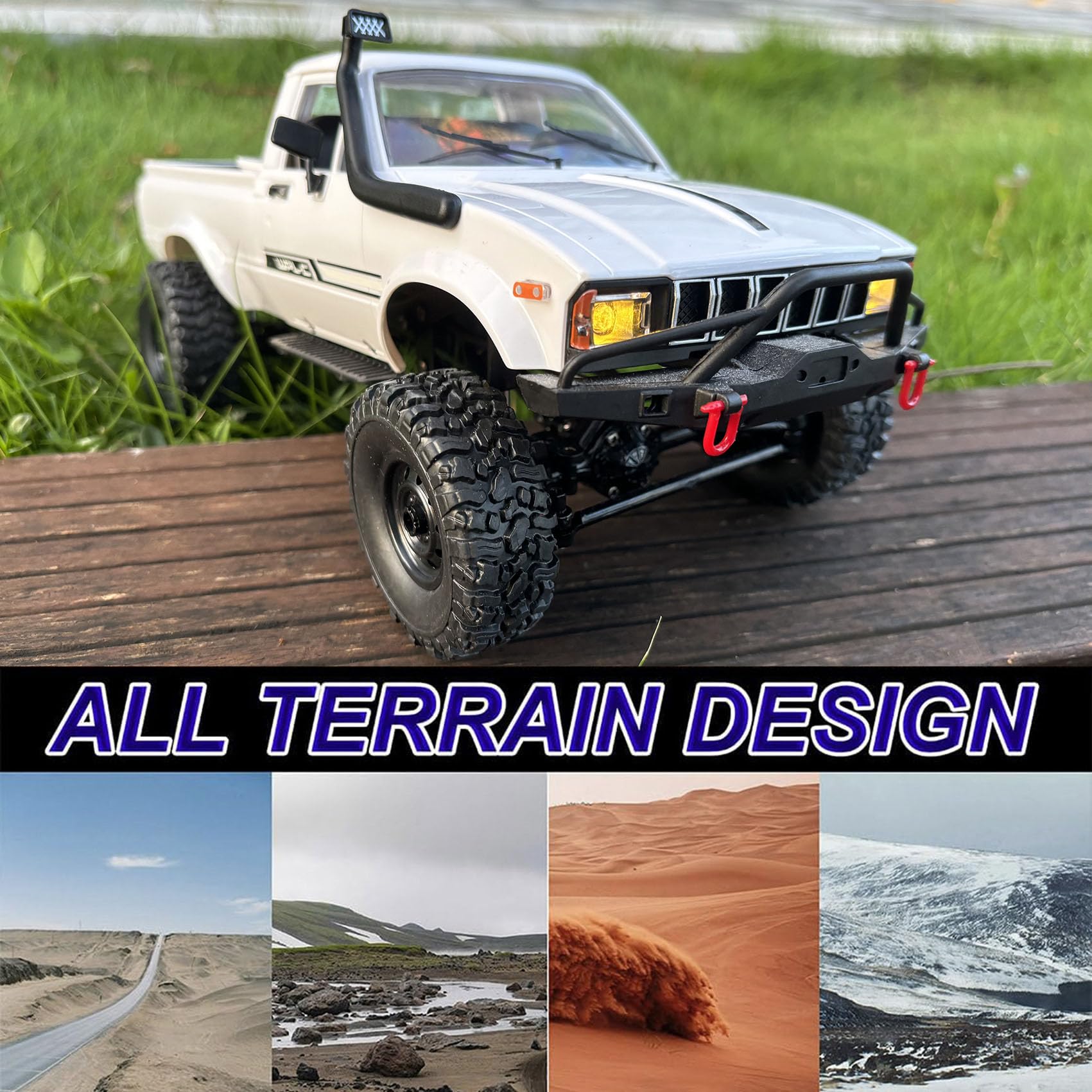 HLSFWDRIVE WPL C24-1 rugged off-road tires navigating sand and rocks