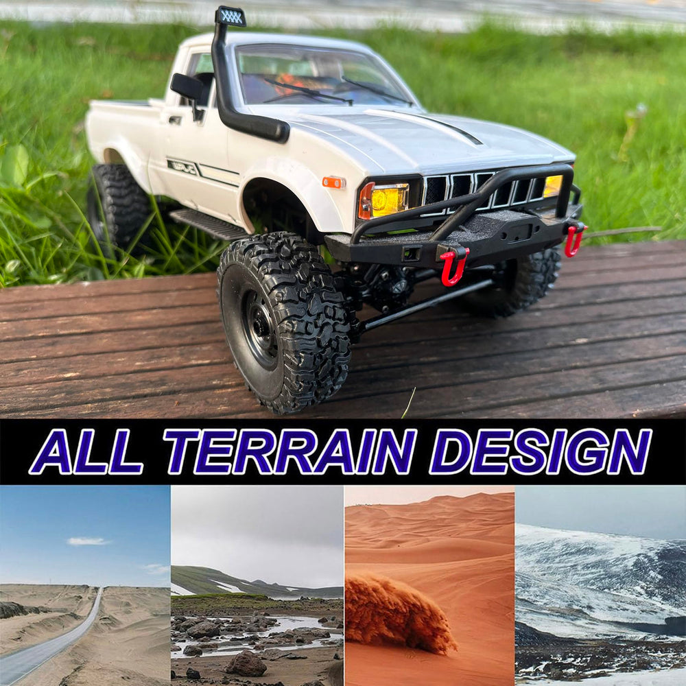 HLSFWDRIVE WPL C24-1 rugged off-road tires navigating sand and rocks
