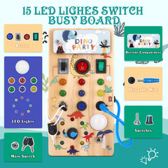 Hoarosall busy board close-up shows colorful lights and durable wood.