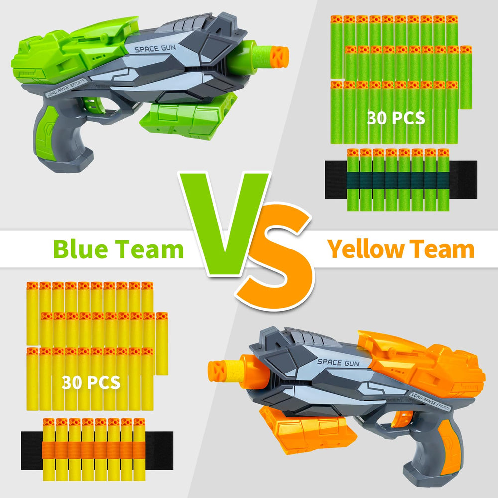 Hoavetoyz foam darts in green and yellow for team play.
