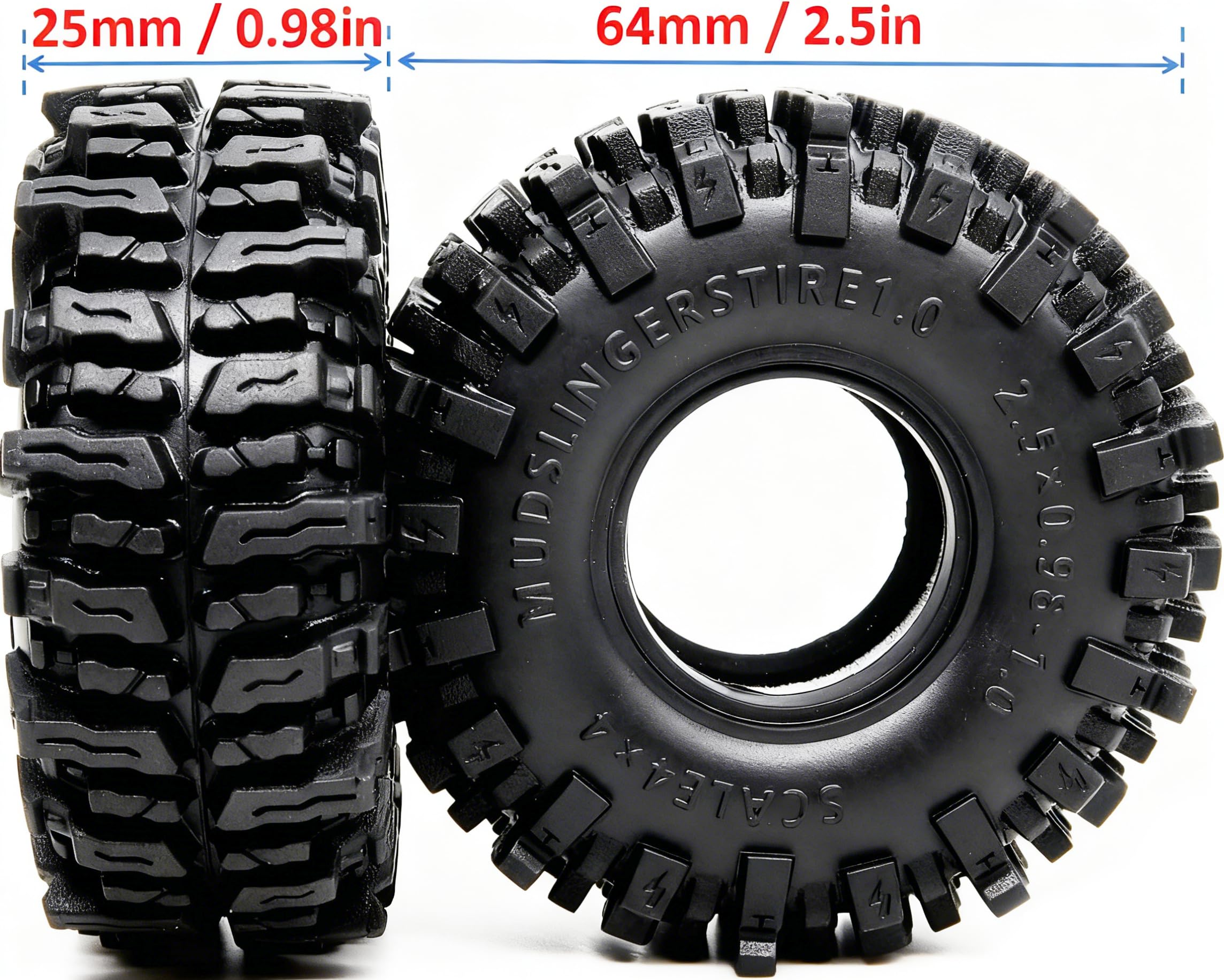 Hobbysoul 1.0 tire side view emphasizes durable sidewall and beadlock compatibility.