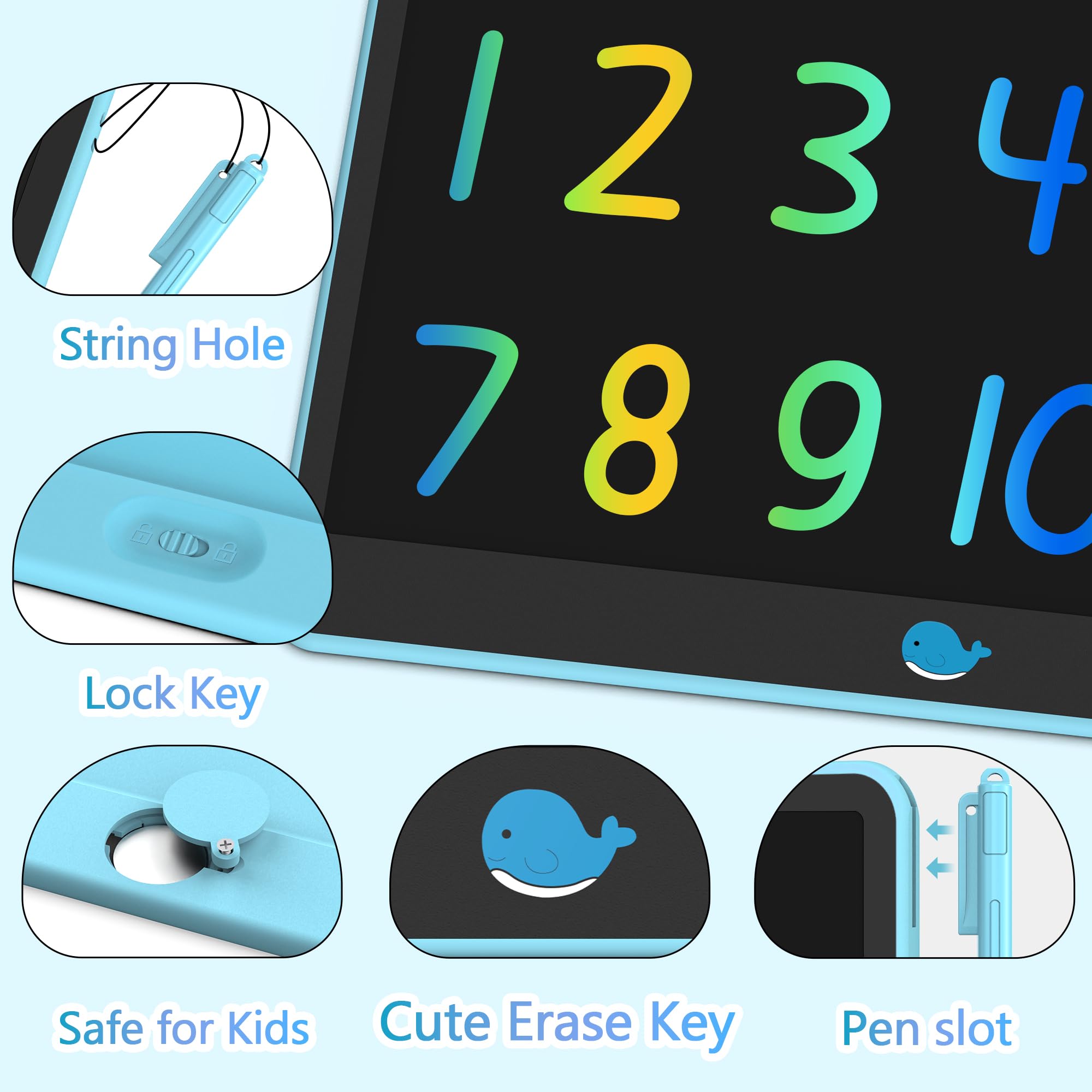 Lock key keeps saved sketches on blue Hockvill writing tablet