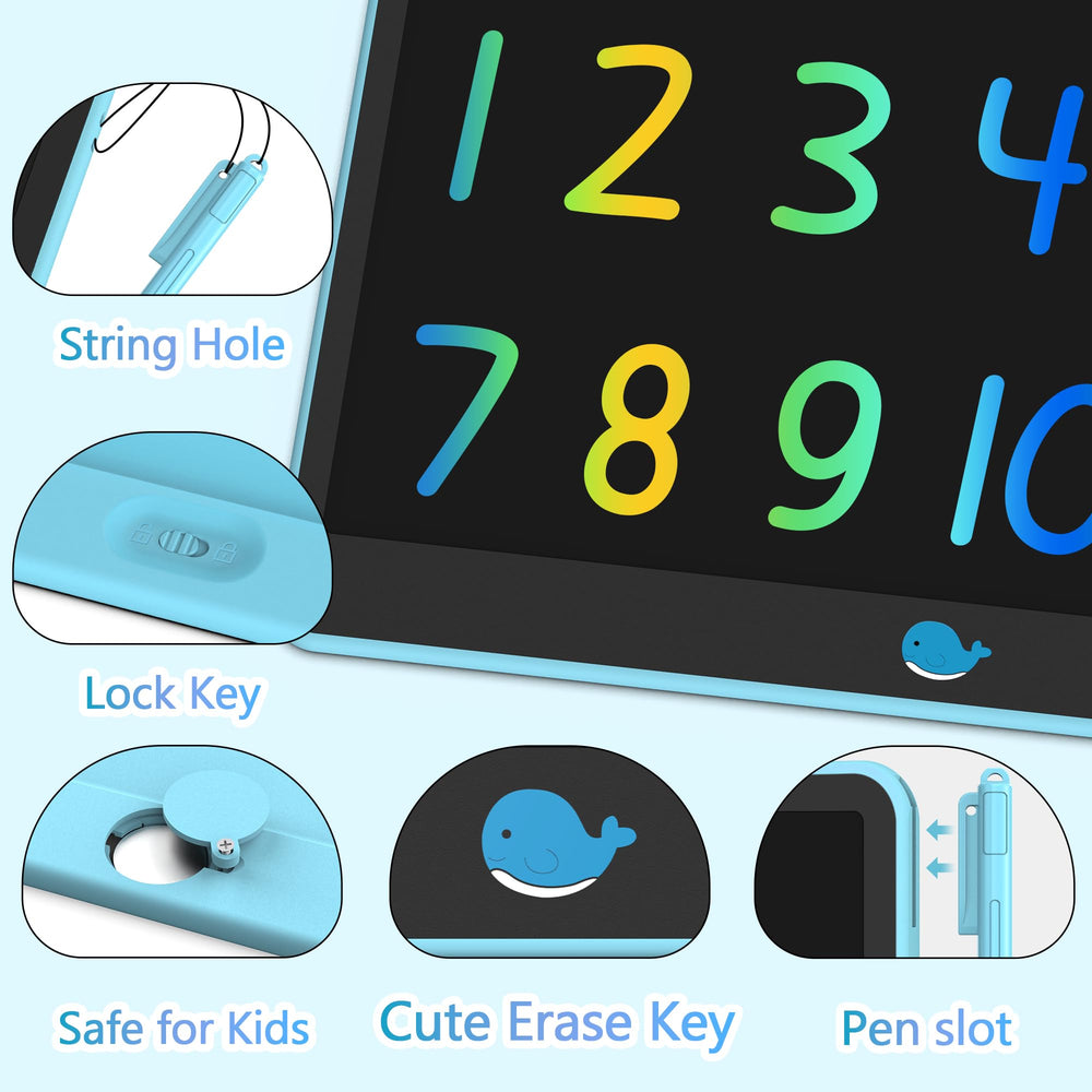 Lock key keeps saved sketches on blue Hockvill writing tablet