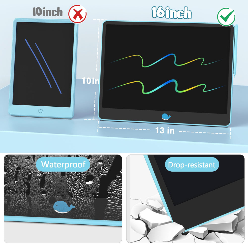 Child using stylus on blue Hockvill LCD tablet for writing
