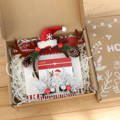 HODIHIWI Santa hat with antler headband creates whimsical Christmas look.