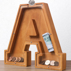 HODNSZRIT wooden letter piggy bank with clear acrylic cover shows saving progress.