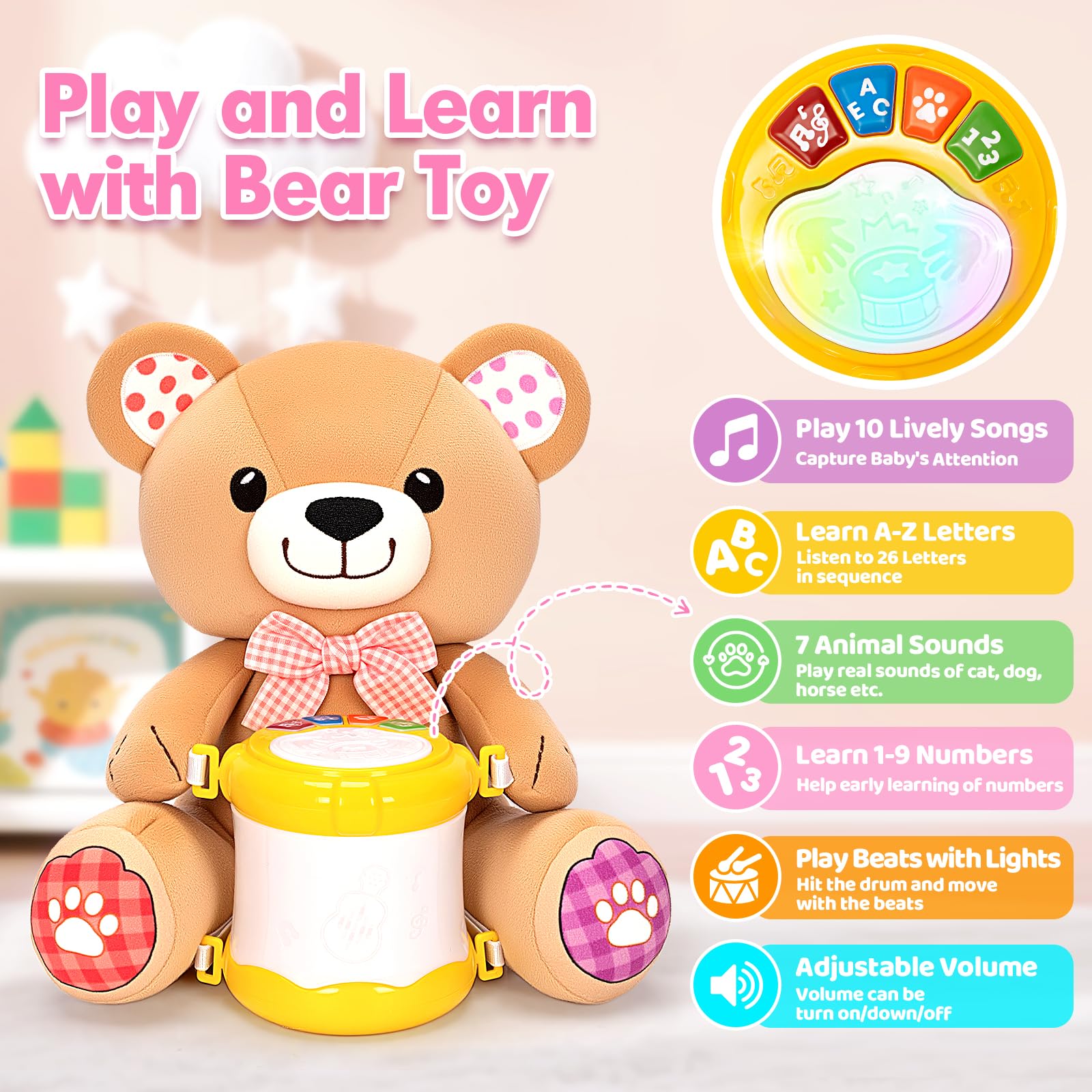 Hodurgyi bear-music-note-button triggers cheerful melodies for early listening skills.