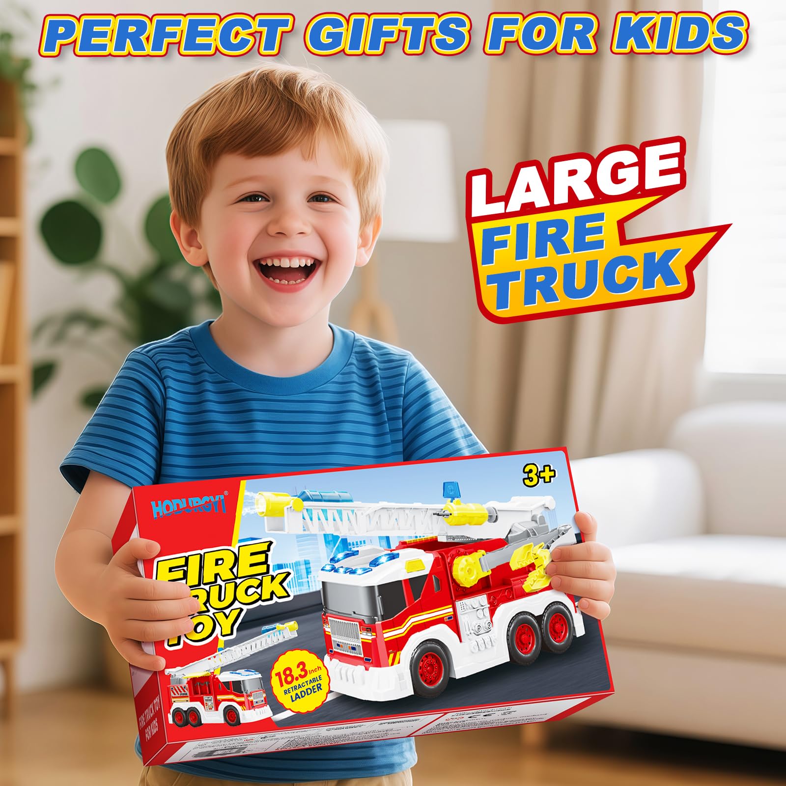 Hodurgyi fire truck toy rides smoothly on rubber tires for indoor and outdoor use.