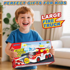 Hodurgyi fire truck toy rides smoothly on rubber tires for indoor and outdoor use.