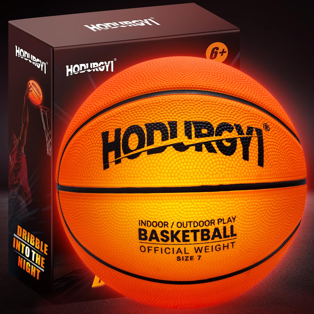 Hodurgyi glow basketball on a night court enhancing visibility and fun