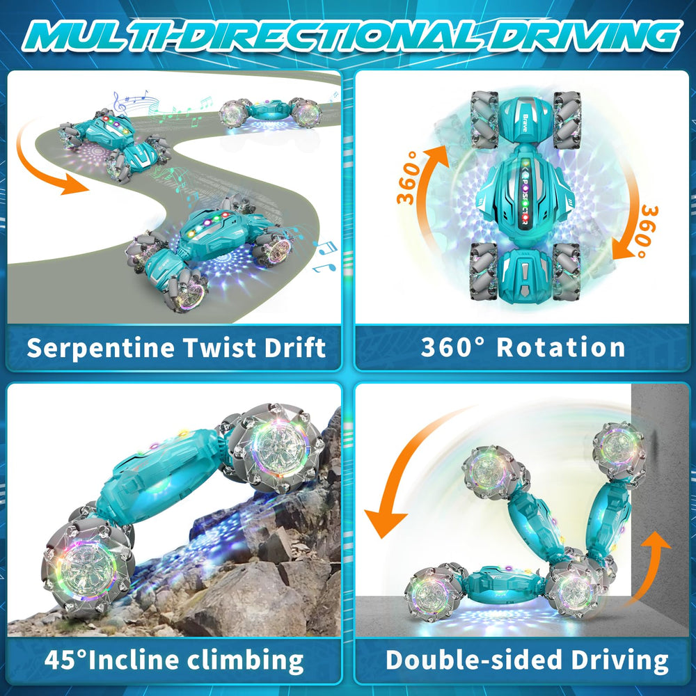 Hodurgyi gesture-sensing RC stunt car 4WD traction conquers varied terrain.