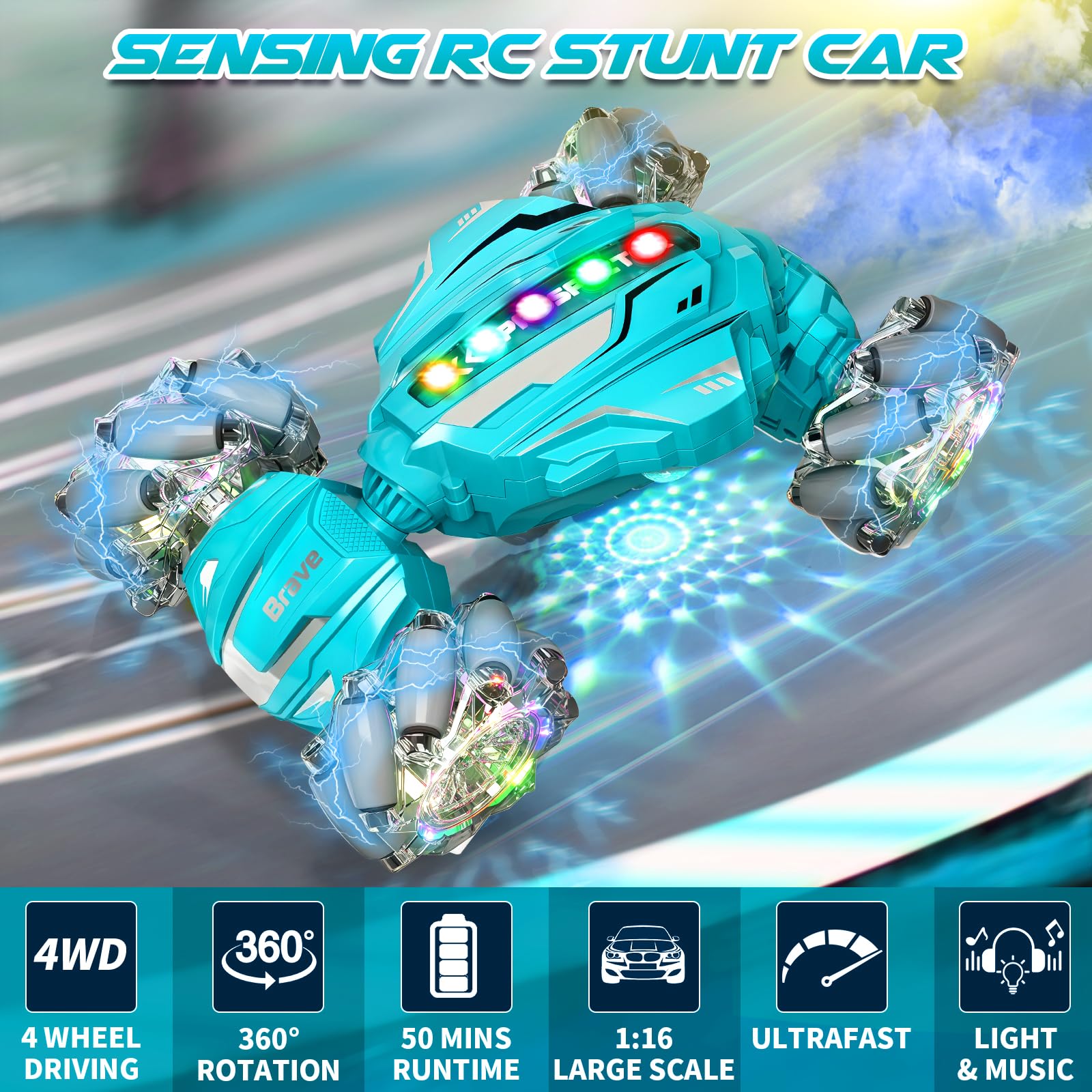 Hodurgyi RC stunt car lights and music enhance nighttime play sessions.