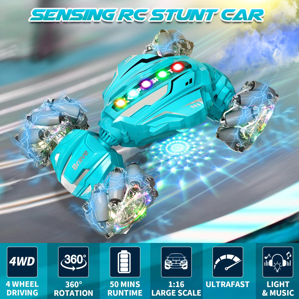 Hodurgyi RC stunt car lights and music enhance nighttime play sessions.