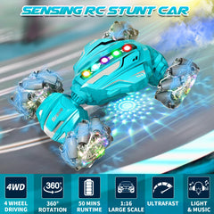 Hodurgyi RC stunt car lights and music enhance nighttime play sessions.