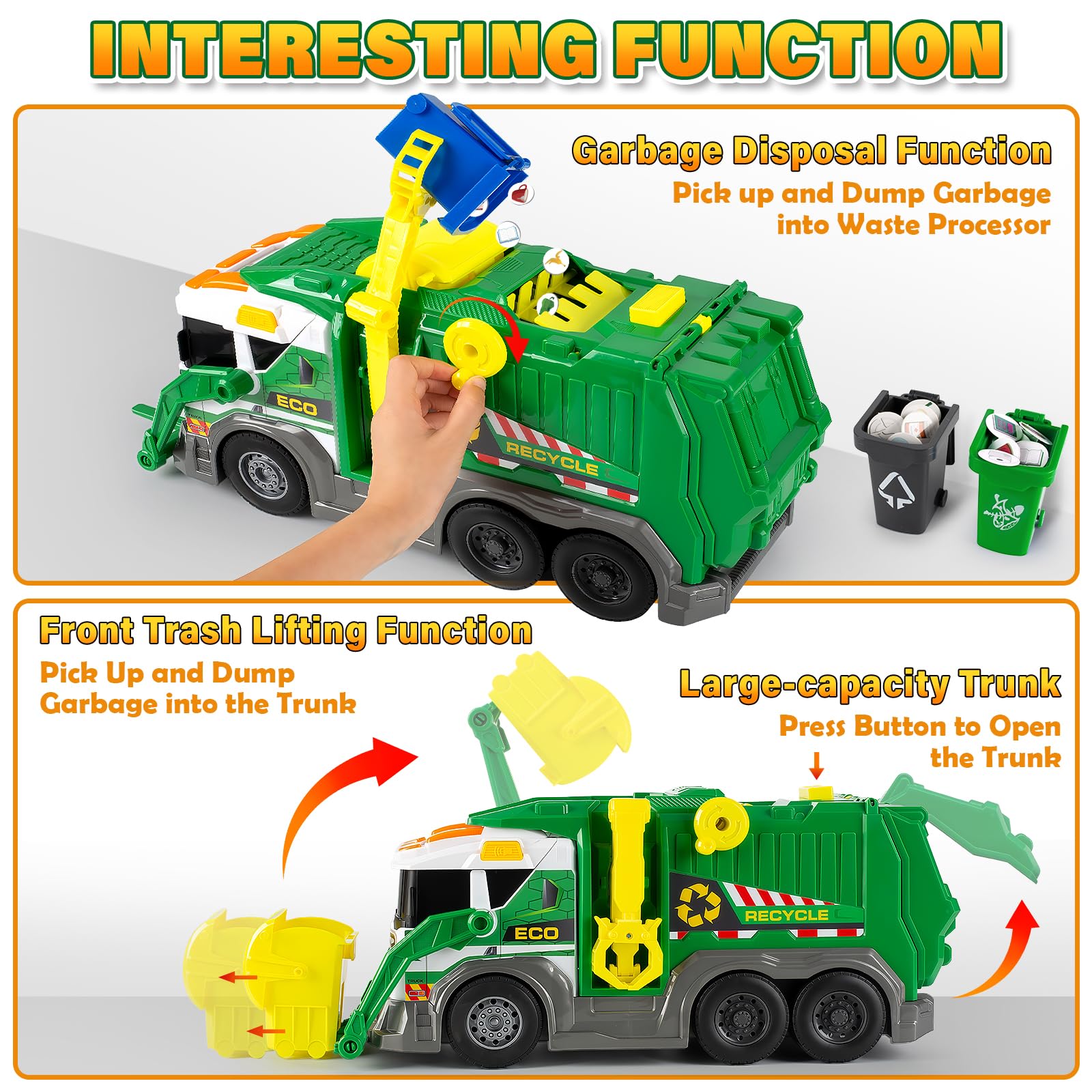Hodurgyi sorting bins three-color closeup for engaging waste classification during play.
