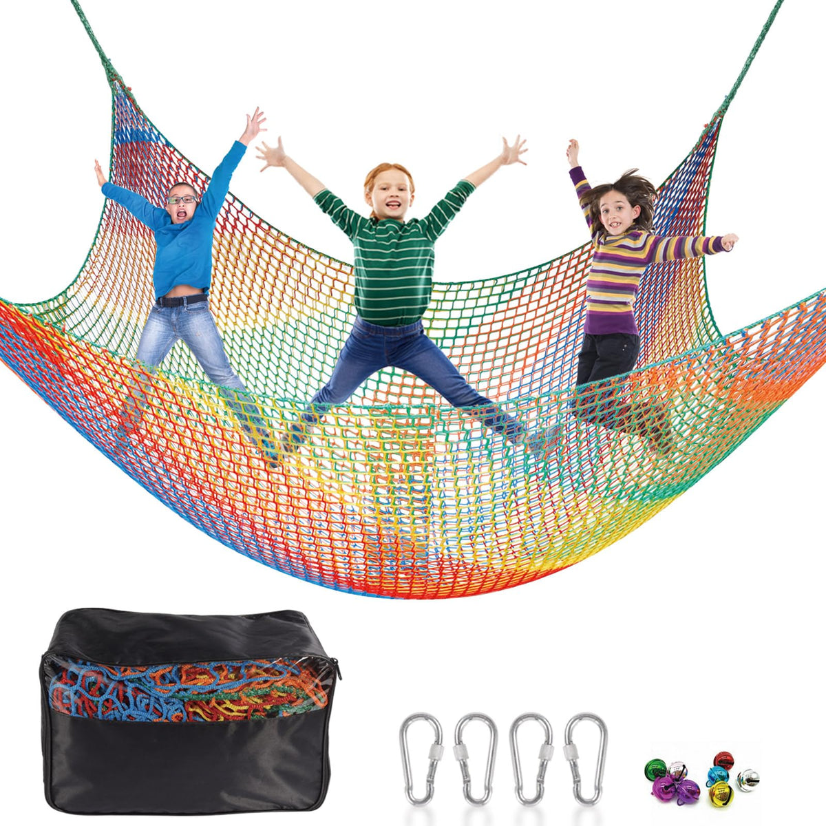 HOEE rainbow climbing net for kids playground offers colorful, safe play space.
