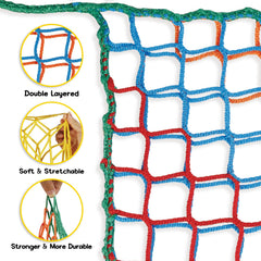 HOEE walkable net bridge connecting treehouse to outdoor play area.