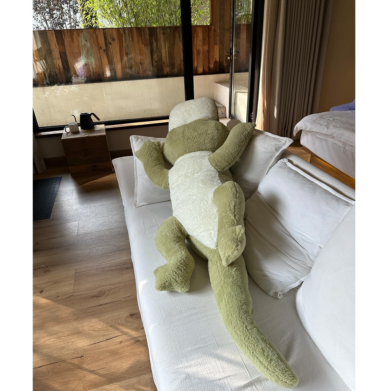 Hofun4U green alligator plush pillow in a cozy living room setup.