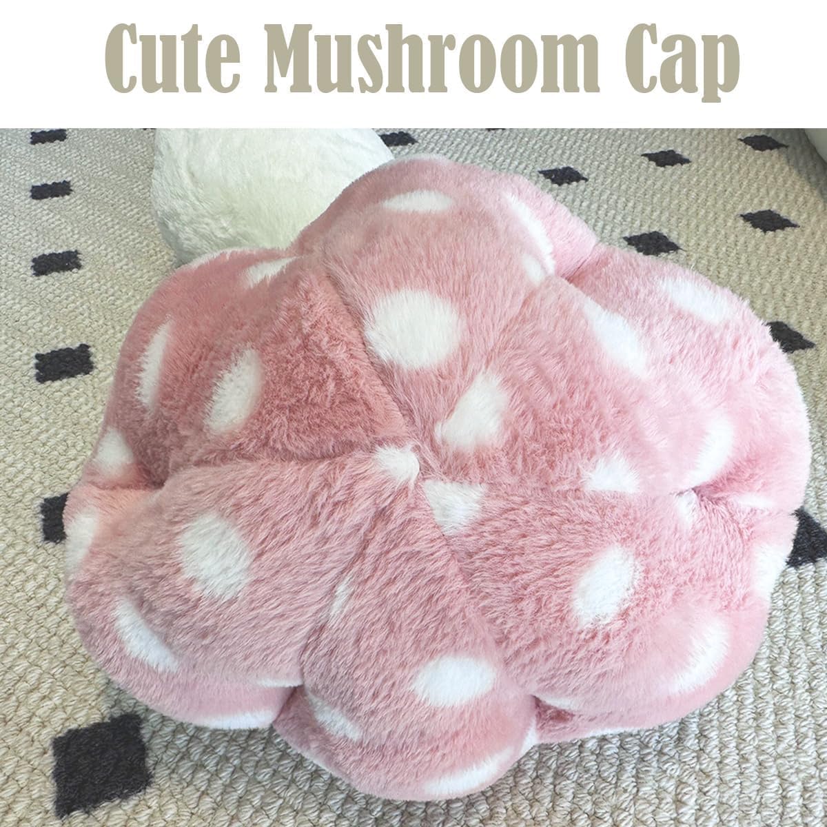 Hofun4U mushroom plush pillow sits stylishly on a couch