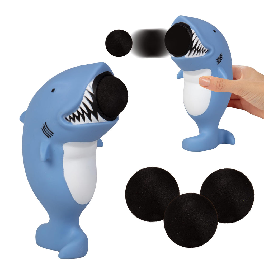 Hog Wild Shark Ball Popper toy launches foam balls up to 20 feet for indoor or outdoor play.