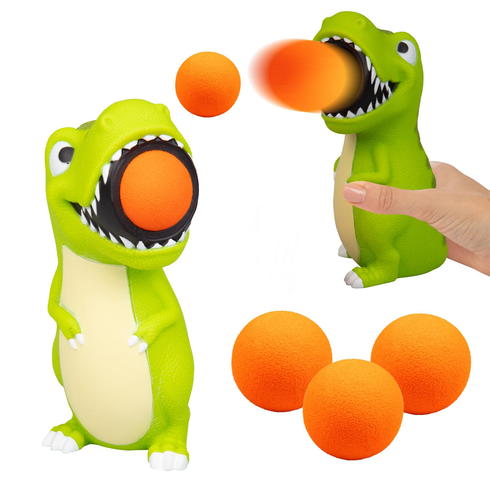 Hog Wild T-Rex Ball Popper belly launch sends foam balls far for action-packed fun.