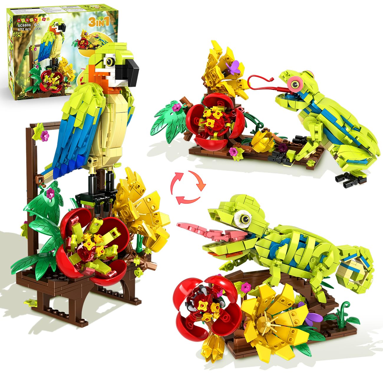 HOGOKIDS 3-in-1 flowers set parrot perched among tropical plants for home display