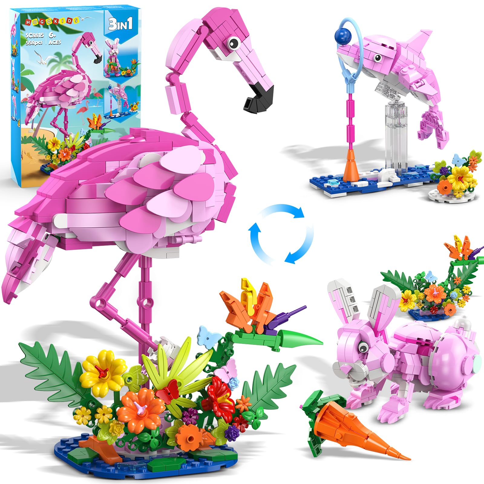 HOGOKIDS 3 in 1 pink bunny set with flowers for vibrant display and imaginative play