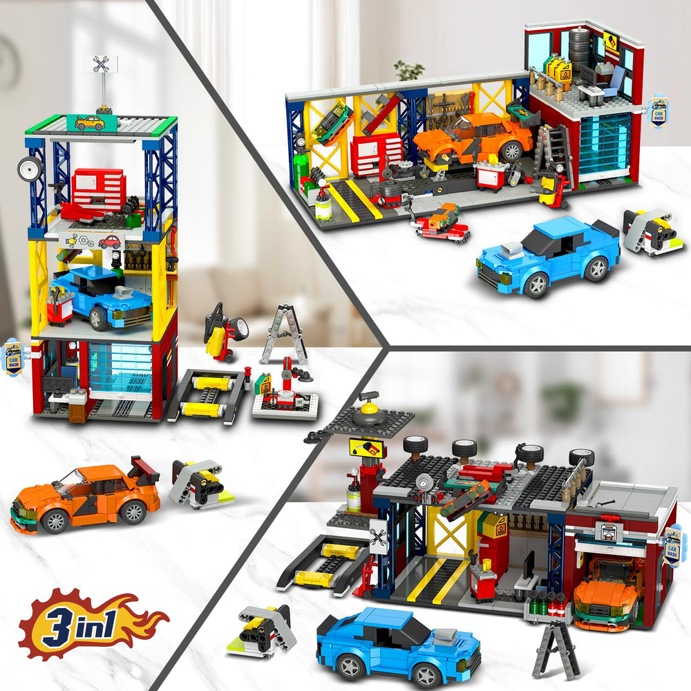 HOGOKIDS City Car Garage forklift adds dynamic parts handling to pretend repairs.