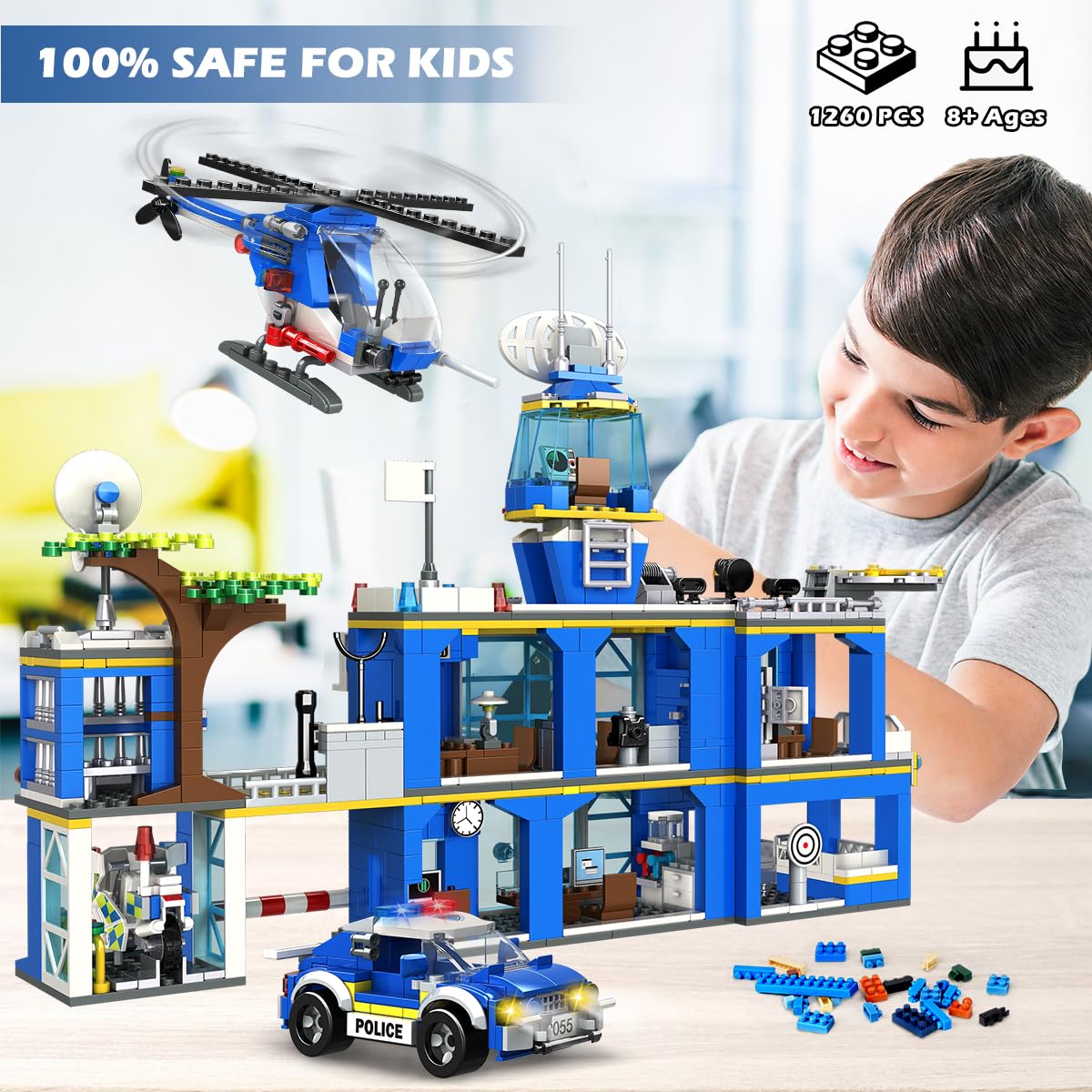 HOGOKIDS city police station roof with helicopter apron supports take-off play sessions.