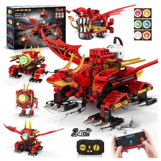 HOGOKIDS dragon robot assembly with detailed parts and glowing eye LEDs.