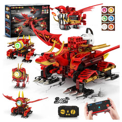 HOGOKIDS dragon robot assembly with detailed parts and glowing eye LEDs.