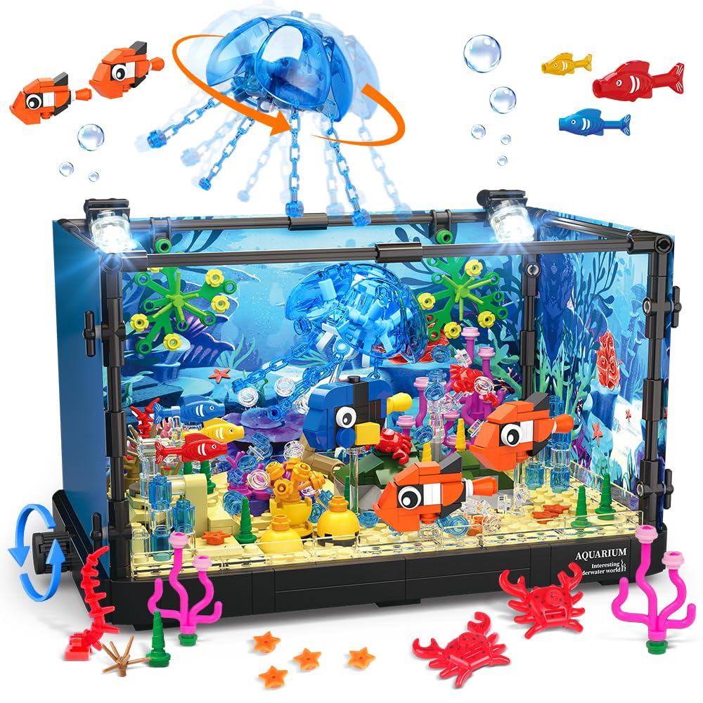 HOGOKIDS fish-tank-building-set with LED light offers immersive underwater play for kids.