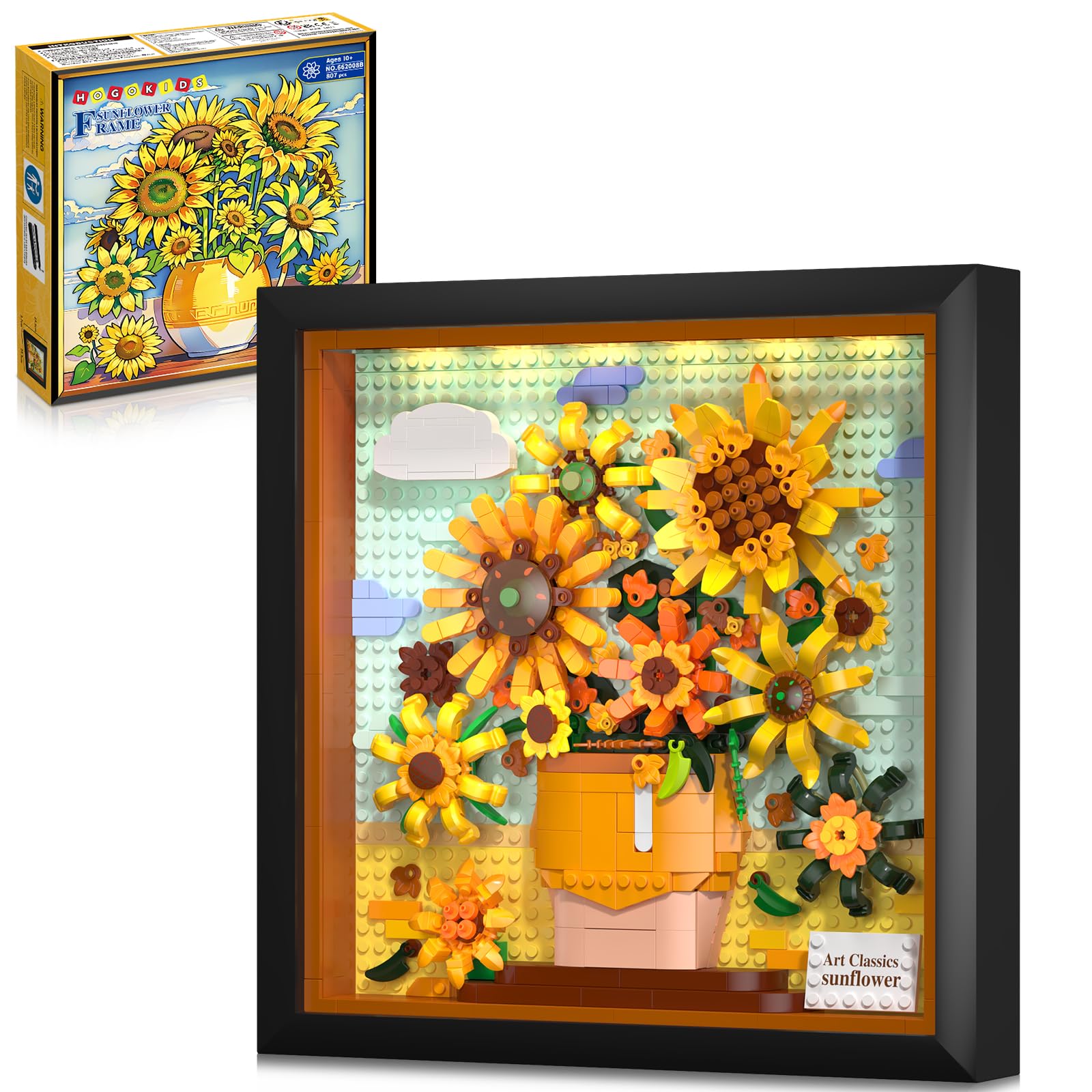 HOGOKIDS Sunflower building set with lights brightly illuminates a wall art centerpiece