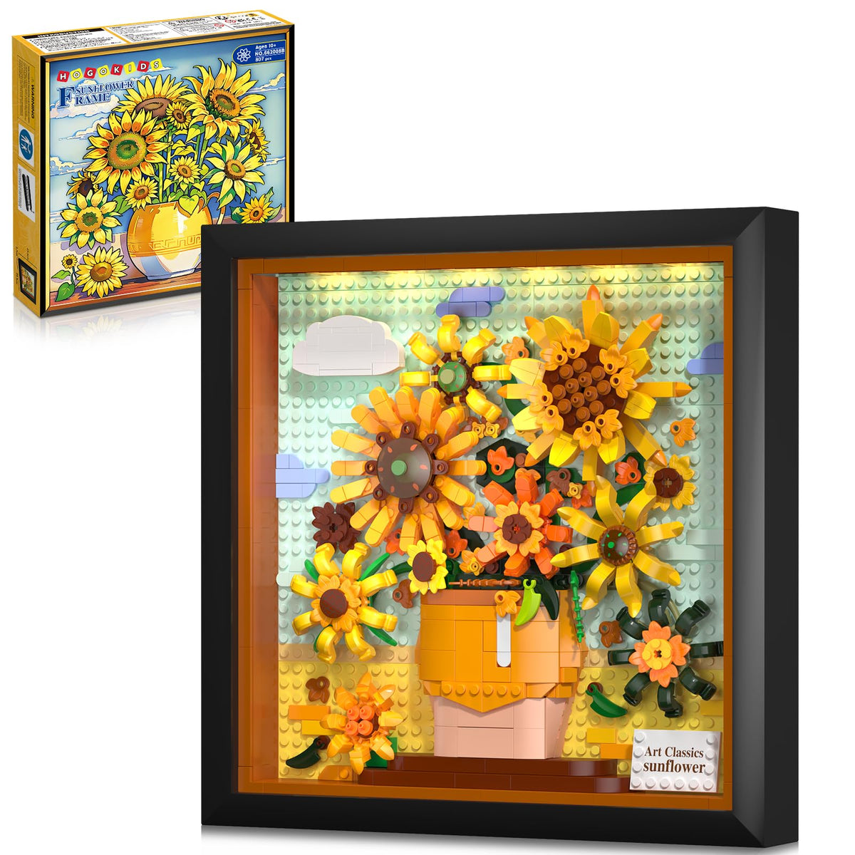 HOGOKIDS Sunflower building set with lights brightly illuminates a wall art centerpiece
